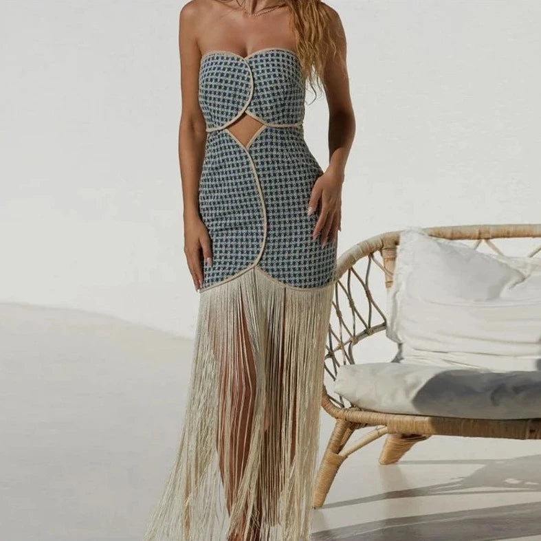 SABBY TASSELS CUT OUT OFF SHOULDER MINI DRESS