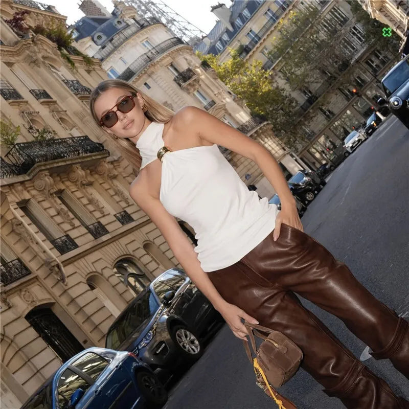Halter Turtleneck Knit Top with Gold Ring Detail