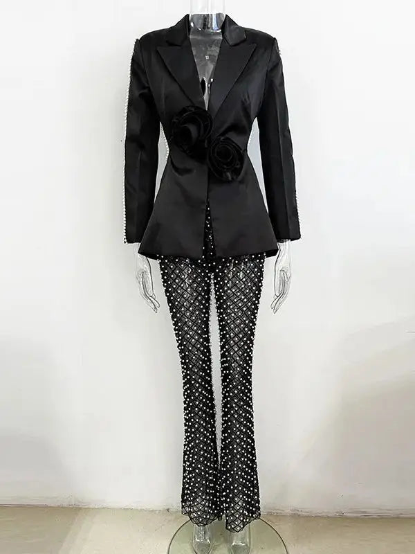 HOLLOW OUT FLOWERS APPLIQUES PEARLS BEADED BLAZER GAUZE PANTS