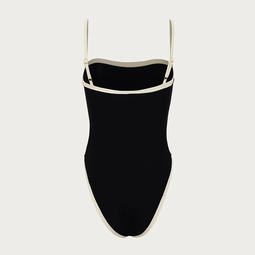 black and white one-piece swimsuit, brazilian cut swimwear, minimalist swimsuit for women, summer beachwear, luxury swim fashion