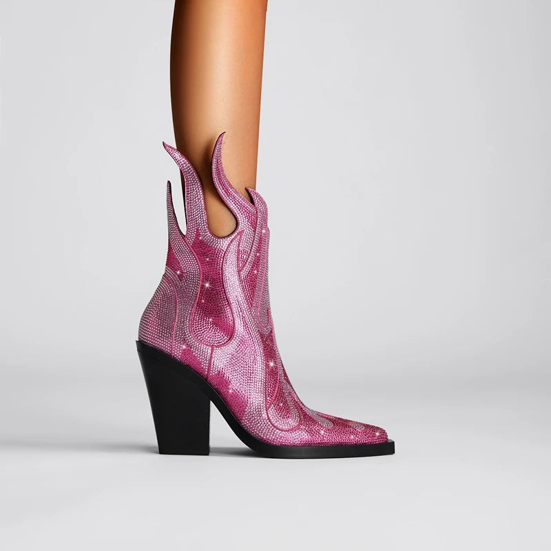 FLAME SHAPE SHORT BOOTS THICK HEEL decorated with CRYSTALS