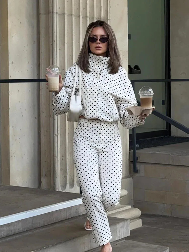 Polka Dot Two Piece Set with High Neck Jacket and Matching Pants or Shorts