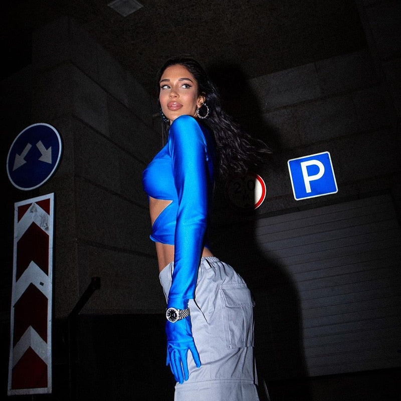 HOLLOW OUT LONG SLEEVE TOP with GLOVES