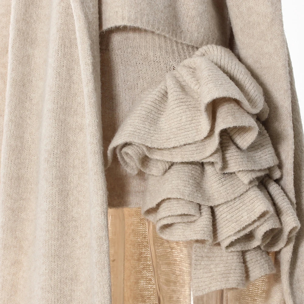 Apricot Three-Piece Set – Long Coat, High Neck Sweater & Ruffled Mini Skirt for Elegant Fall Style