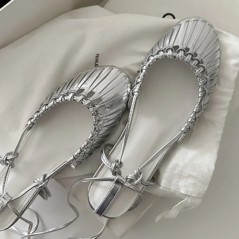 Silver lace-up woven sandals for casual summer wear