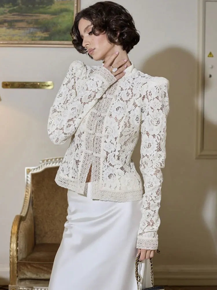 Vintage Sheer Lace Blouse for Women | Long Sleeve See-Through Top with High Neck