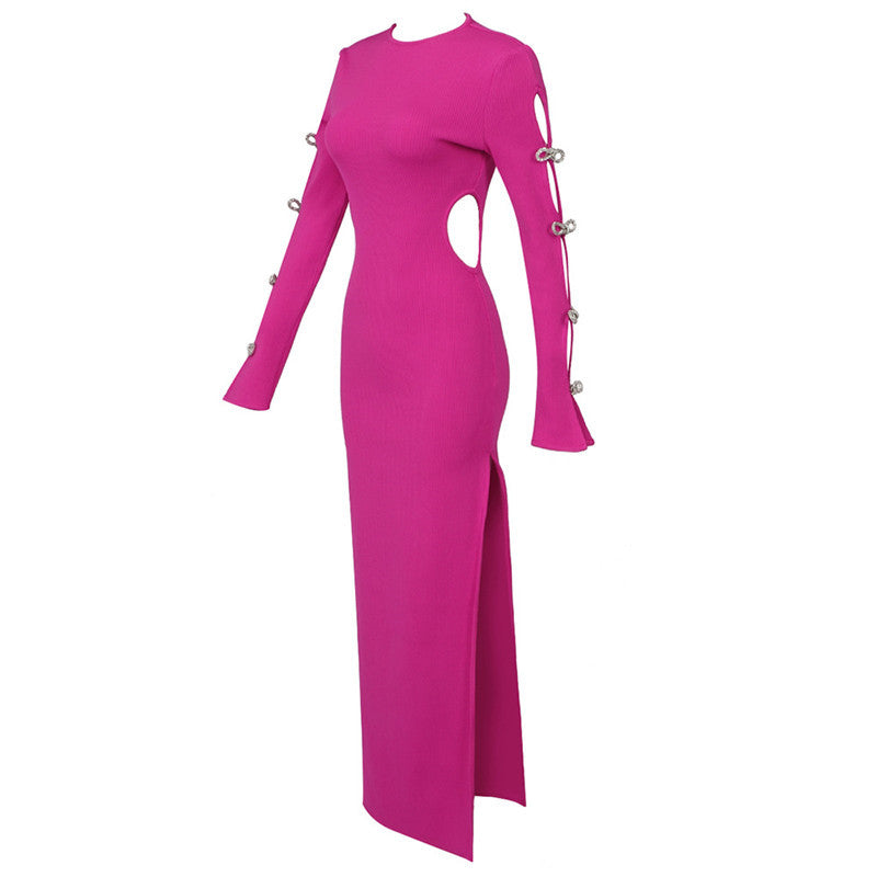 ROSELYN PINK HOLLOW OUT DRESS with CRYSTAL BOWS