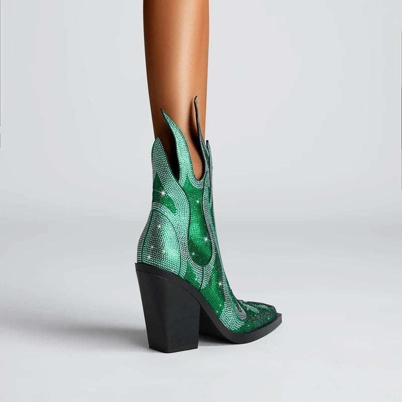 FLAME SHAPE SHORT BOOTS THICK HEEL decorated with CRYSTALS
