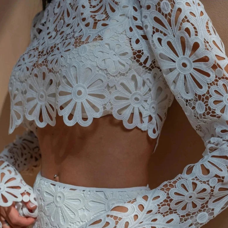 EMBROIDERY HOLLOW OUT BEACH TOP and SKIRT SET