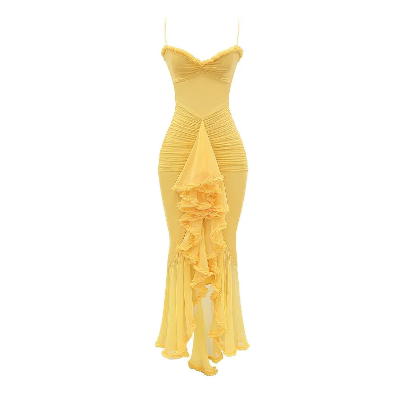 RUFFLES HEM PLEATED SLING MAXI YELLOW DRESS