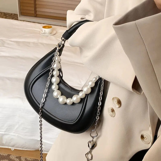 AMYRA CURVED HANDBAG with PEARLS