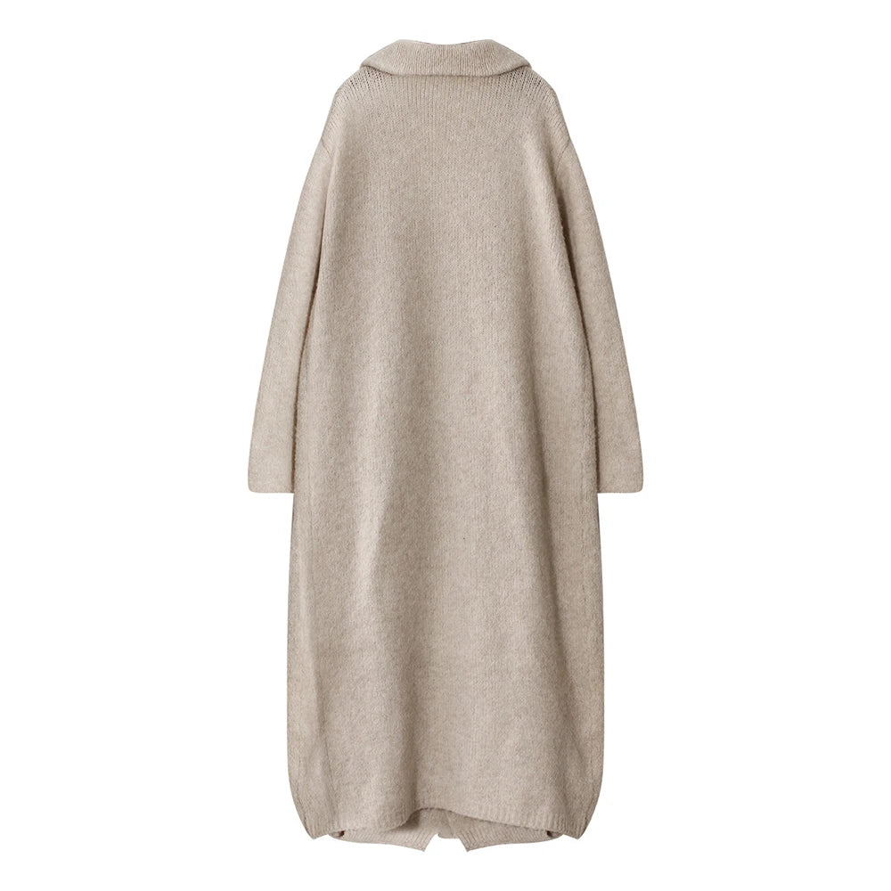 Apricot Three-Piece Set – Long Coat, High Neck Sweater & Ruffled Mini Skirt for Elegant Fall Style