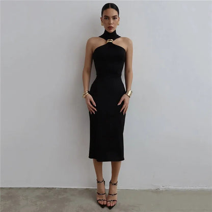 TURTLENECK OFF-SHOULDER BLACK MIDI DRESS