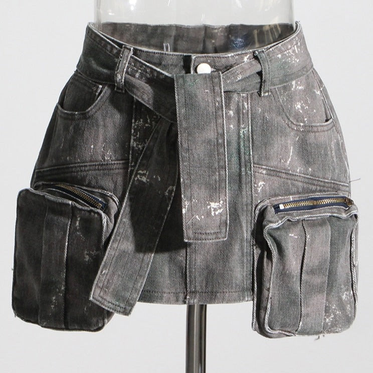 CATALINA MINI GREY DENIM SKIRT with BIG POCKETS
