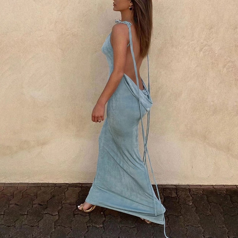 JOELLE BACKLESS LACE UP MAXI DRESS