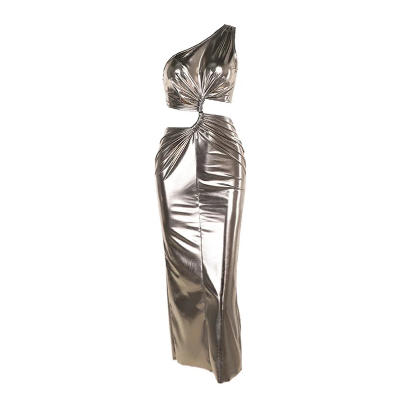 ONE INCLINED SHOULDER SILVER MIDI DRES