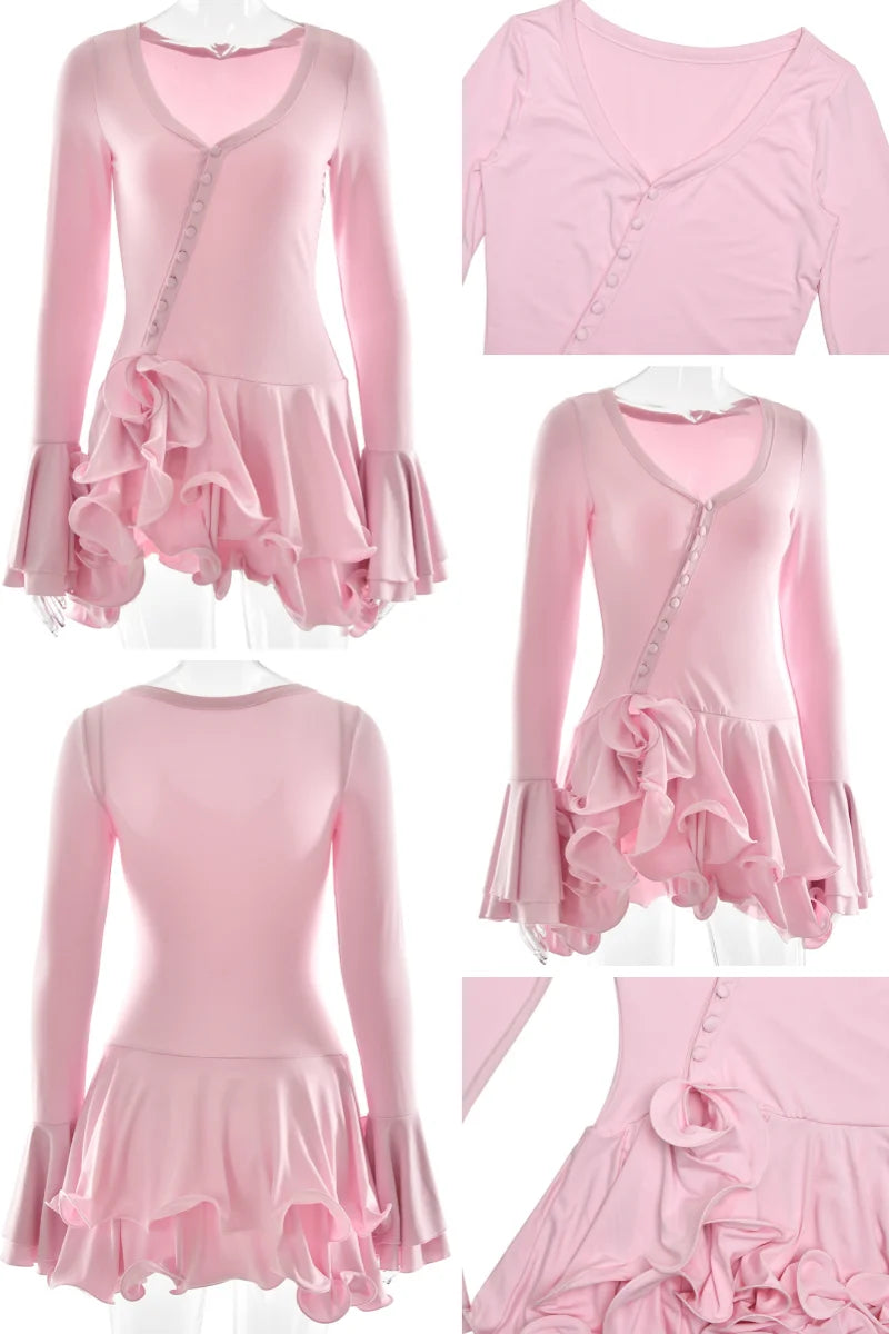 Women’s Ruffle Hem Bodycon Mini Dress – V-Neck Long Sleeve A-Line Party Dress