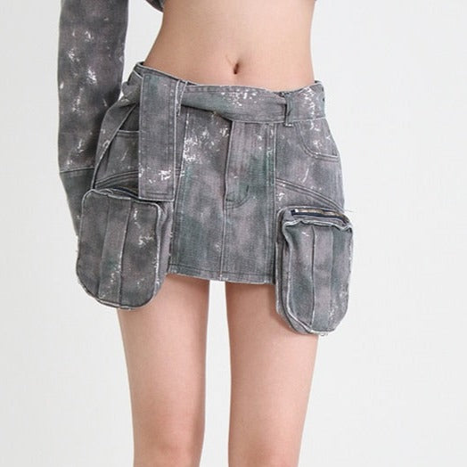 CATALINA MINI GREY DENIM SKIRT with BIG POCKETS