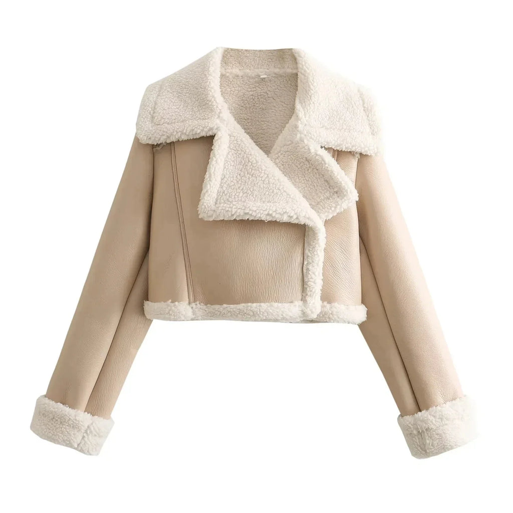 Cropped Faux Leather Jacket with Sherpa Collar – Women’s Short Winter Jacket