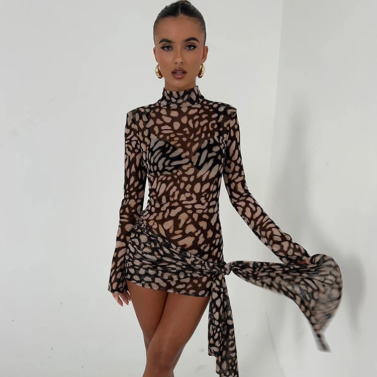 LEOPARD PRINT LONG SLEEVE MINI DRESS with TRAIN
