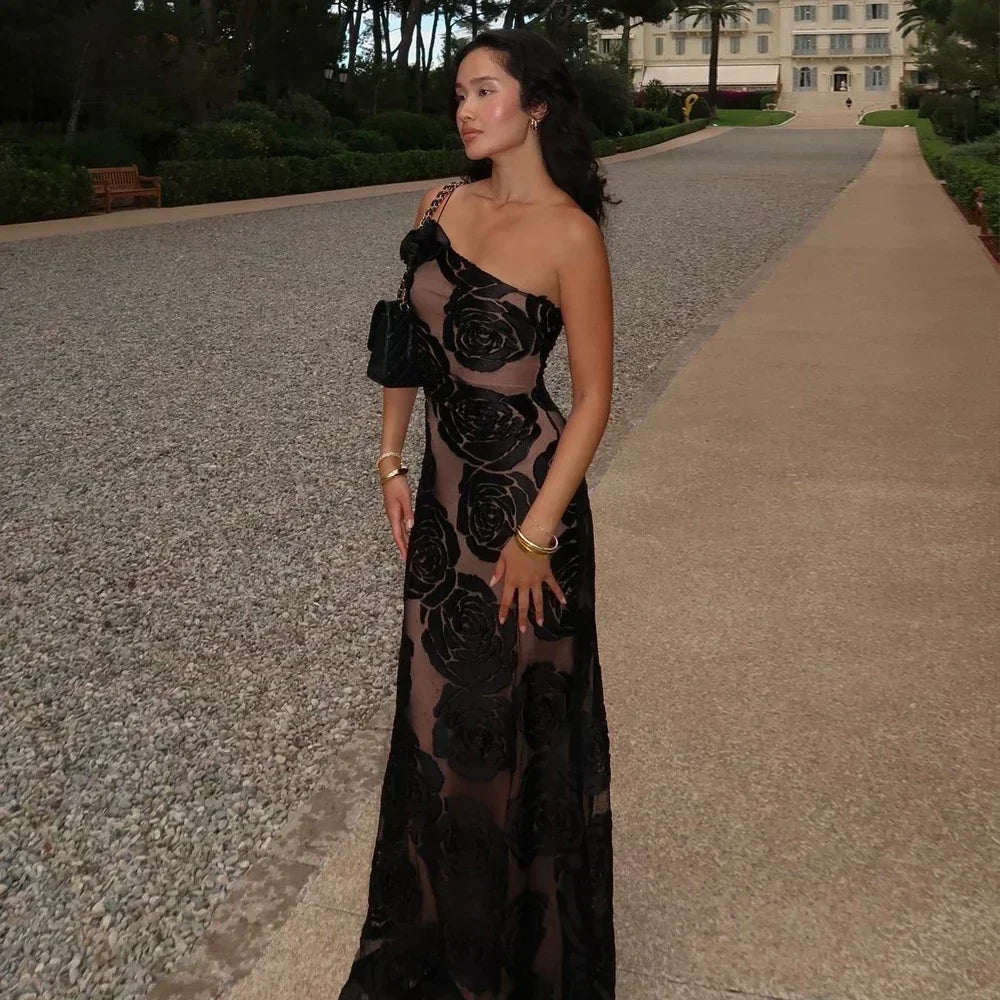 ONE SHOULDER BLACK ROSES MAXI DRESS