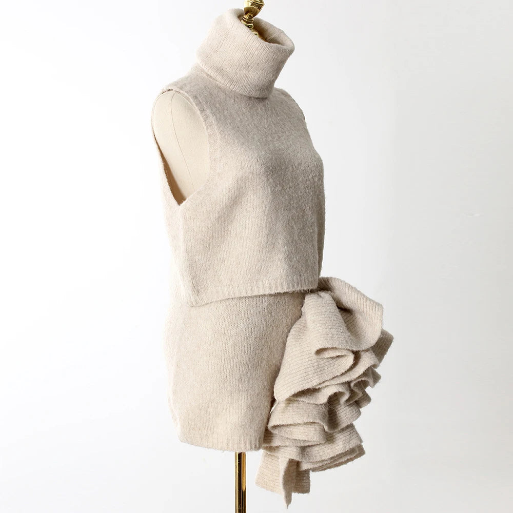 Apricot Three-Piece Set – Long Coat, High Neck Sweater & Ruffled Mini Skirt for Elegant Fall Style