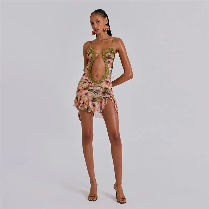 HOLLOW OUT PRINT MINI DRESS