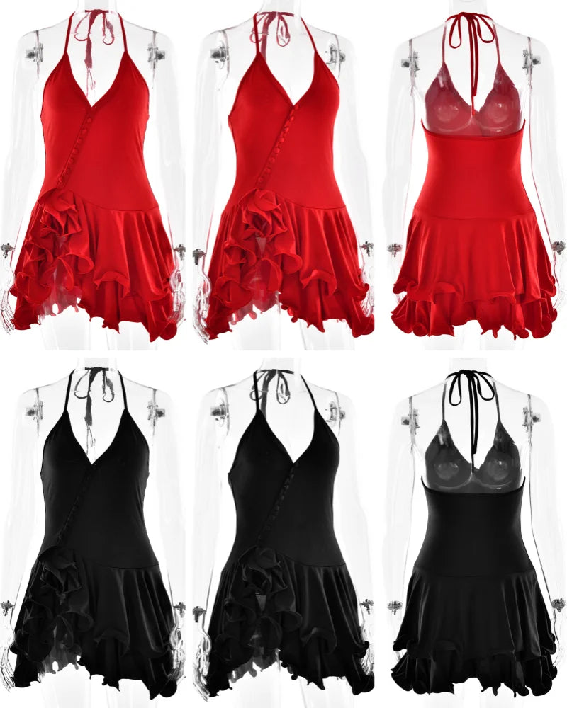 Women’s Ruffle Hem Bodycon Mini Dress – V-Neck Long Sleeve A-Line Party Dress