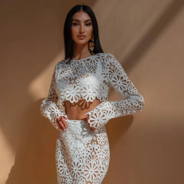 EMBROIDERY HOLLOW OUT BEACH TOP and SKIRT SET