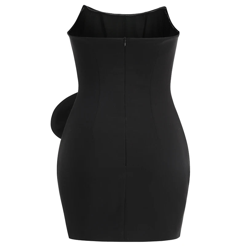 BLACK STRAPLESS MINI DRESS WAIST FLORAL DECORATION