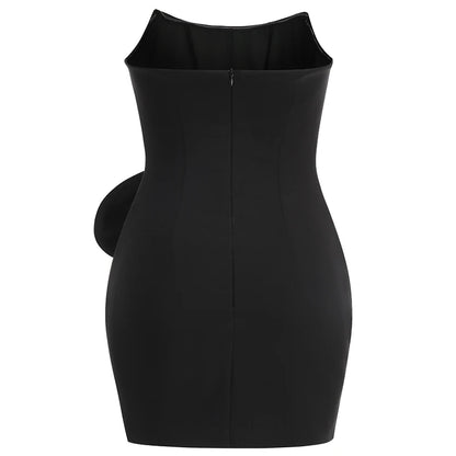 BLACK STRAPLESS MINI DRESS WAIST FLORAL DECORATION