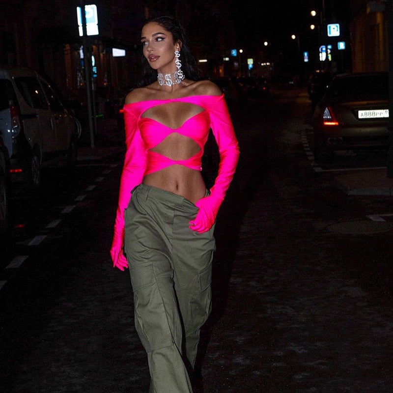 HOLLOW OUT LONG SLEEVE TOP with GLOVES