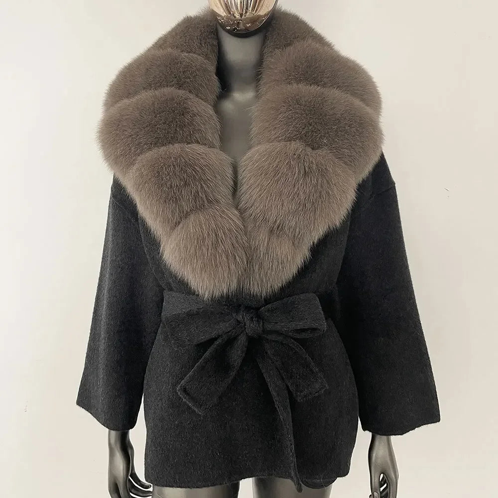 Wool Blend Coat with Fox Fur Collar – Women’s Luxury Winter Coat
