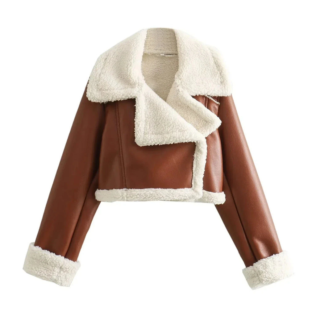 Cropped Faux Leather Jacket with Sherpa Collar – Women’s Short Winter Jacket