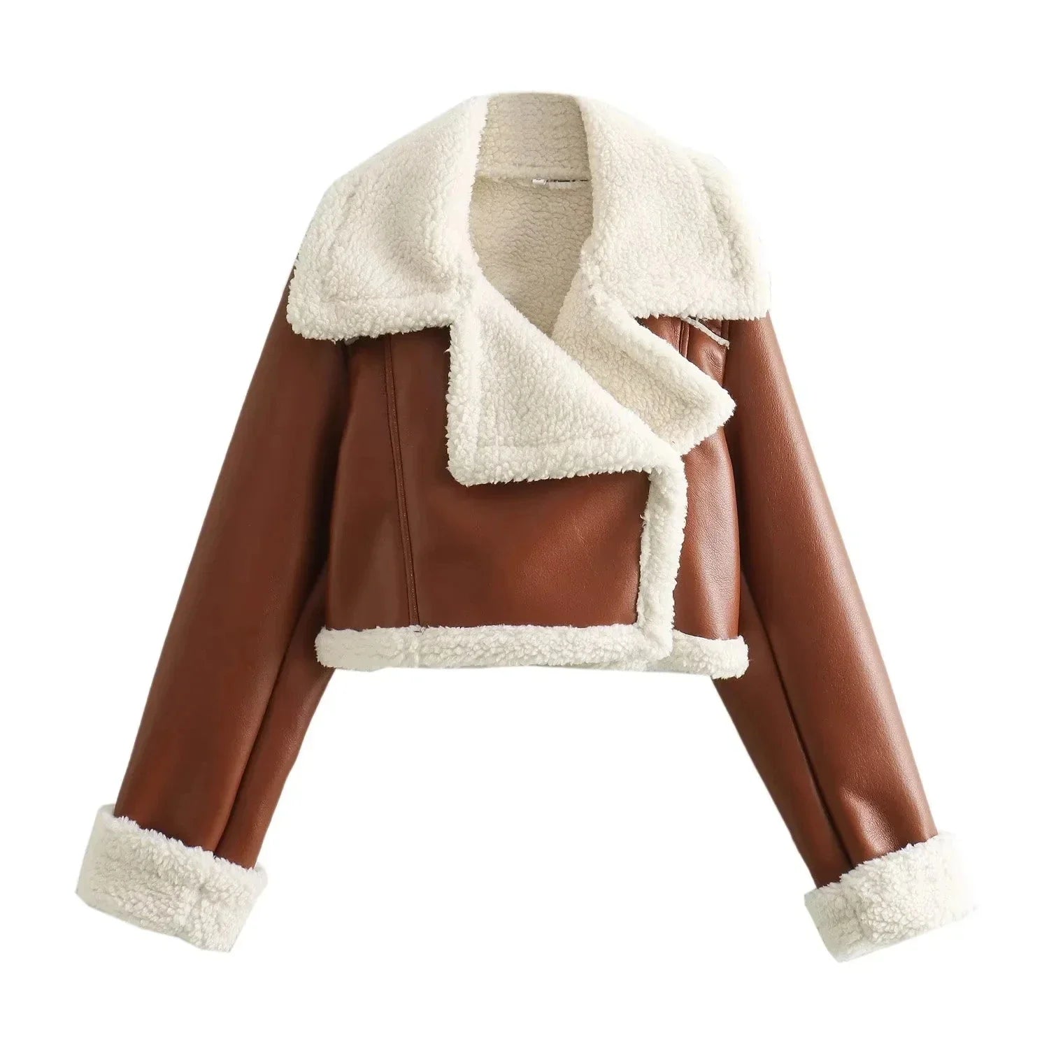 Cropped Faux Leather Jacket with Sherpa Collar – Women’s Short Winter Jacket
