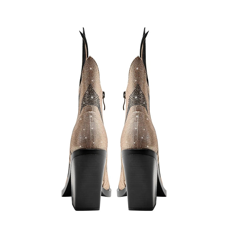 FLAME SHAPE SHORT BOOTS THICK HEEL decorated with CRYSTALS