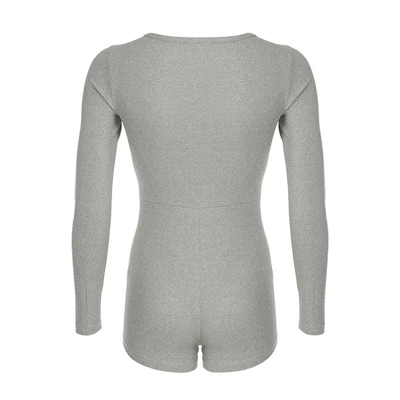 Sexy Gray Ribbed Knit Long Sleeve V-Neck Romper for Women | Slim Fit Lounge Jumpsuit