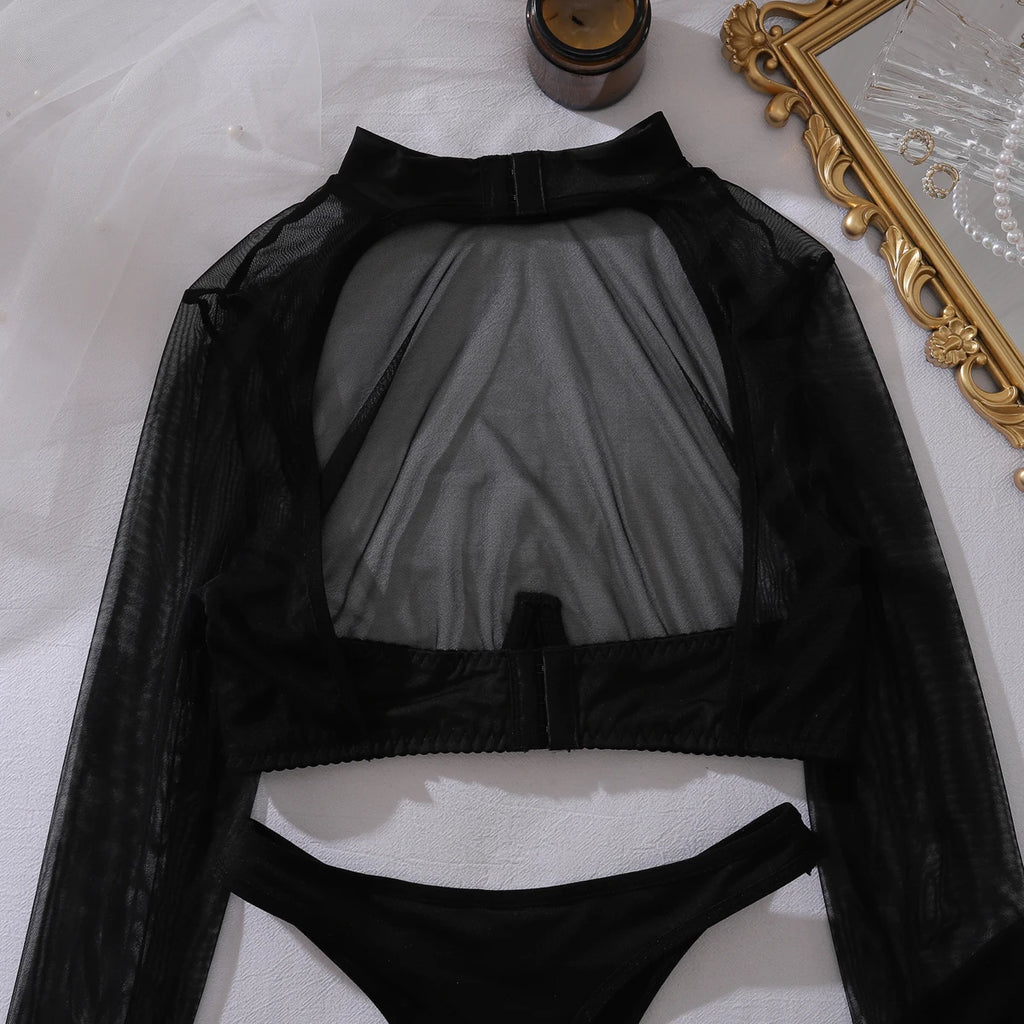 Seductive Sexy Lingerie See Through Long Sleeve Top Brief 2PC Set with Stockings Intimate Ultra Hot Party Night Outfit
