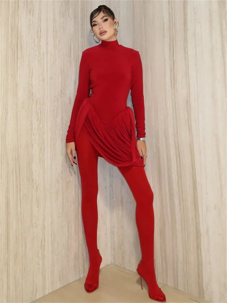 Elegant Backless Long Sleeve Pleated Dress – High Waist Bodycon Evening Gown