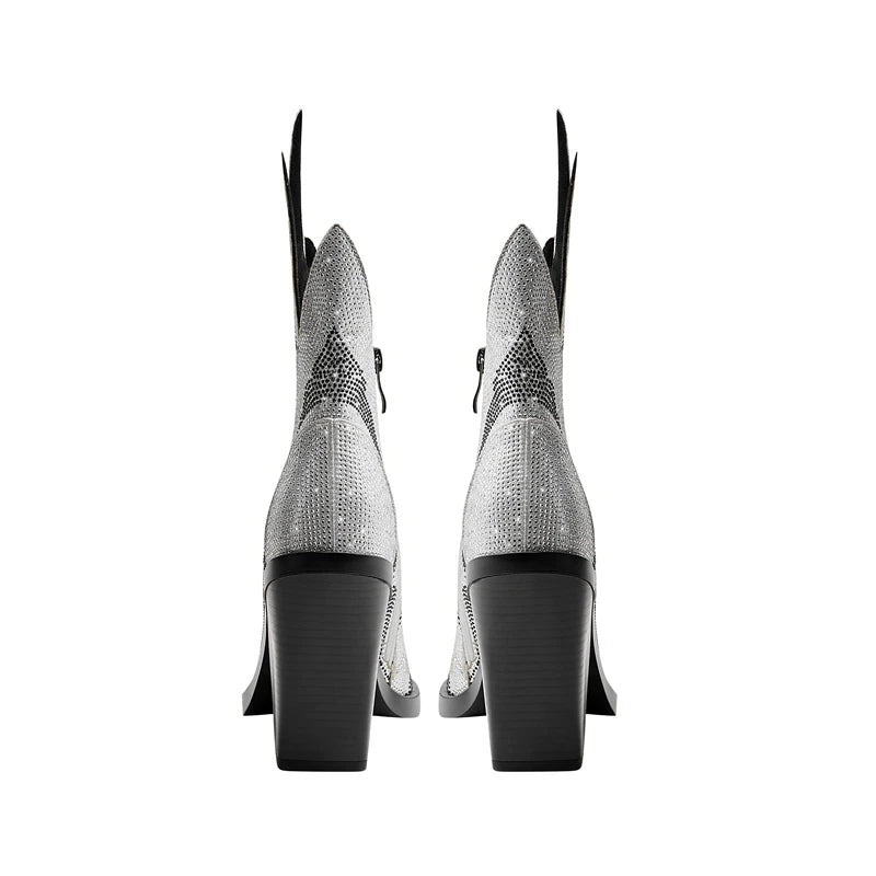 FLAME SHAPE SHORT BOOTS THICK HEEL decorated with CRYSTALS