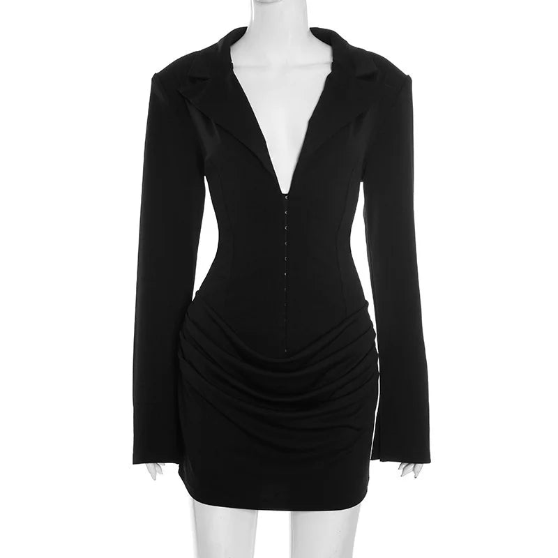 Deep V-Neck Long Sleeve Ruched Mini Dress – High-Waist Structured Blazer Dress | CTRL NUIT