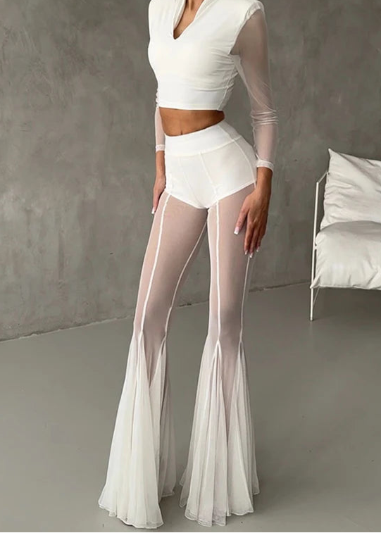 Sheer Flared Pleated Trousers – High Waist Transparent Wide Leg Pants