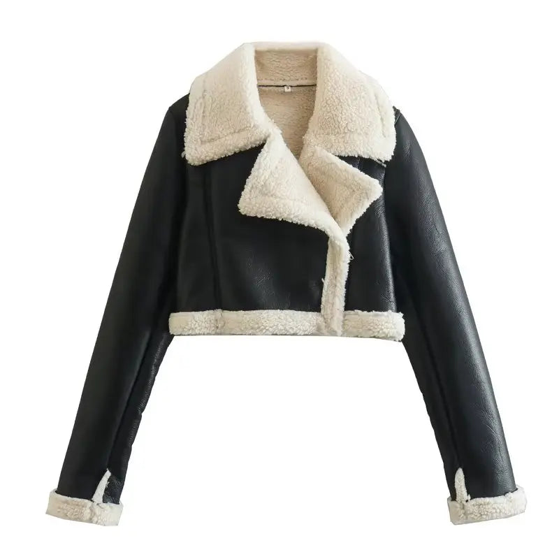 Cropped Faux Leather Jacket with Sherpa Collar – Women’s Short Winter Jacket