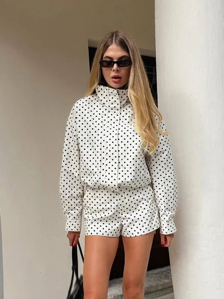 Polka Dot Two Piece Set with High Neck Jacket and Matching Pants or Shorts
