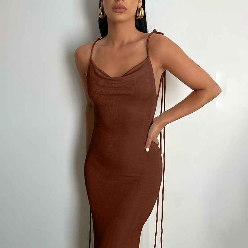 JOELLE BACKLESS LACE UP MAXI DRESS