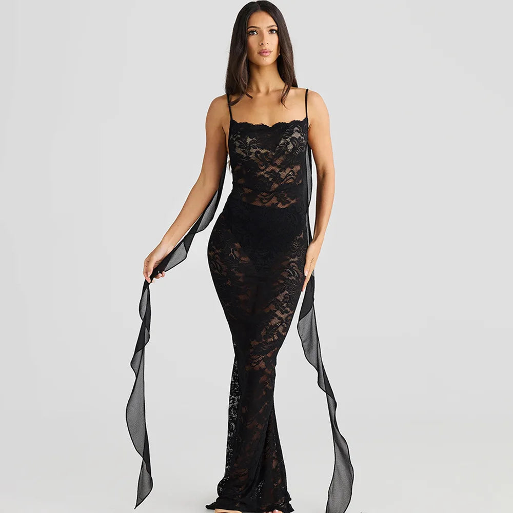 LACE BACKLESS TRAILING MAXI DRESS