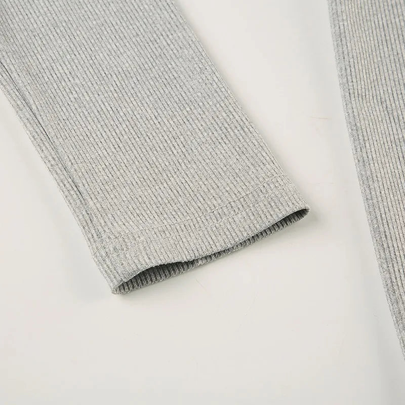 Sexy Gray Ribbed Knit Long Sleeve V-Neck Romper for Women | Slim Fit Lounge Jumpsuit