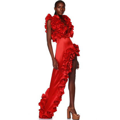 OMYTO RED FLOWER BODYSUIT and SIDE SLIT MAXY SKIRT