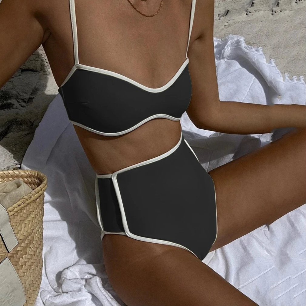Black high waist bikini set with bustier top and Brazilian bottom – elegant summer swimwear