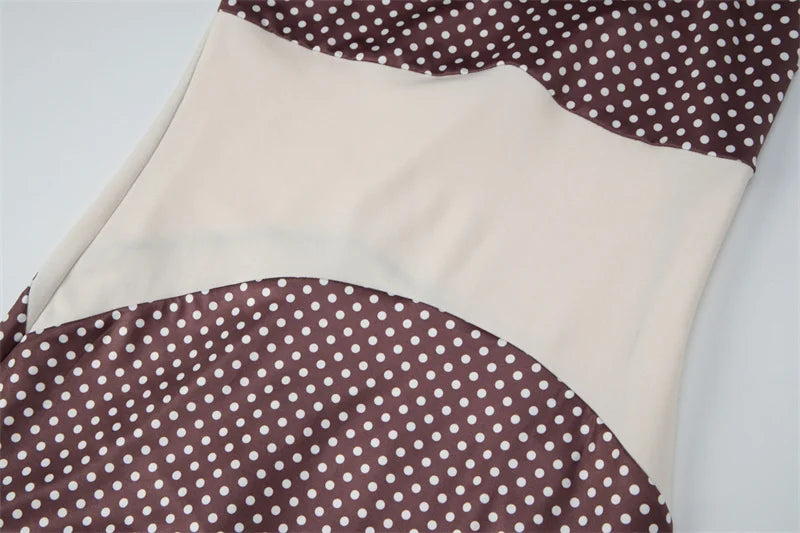 Polka Dot One Shoulder Maxi Dress for Women – Brown Patchwork Bodycon Evening Dress